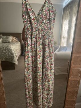 J. Crew Liberty Floral Smocked Waist Maxi Dress in White, Pink & Green
